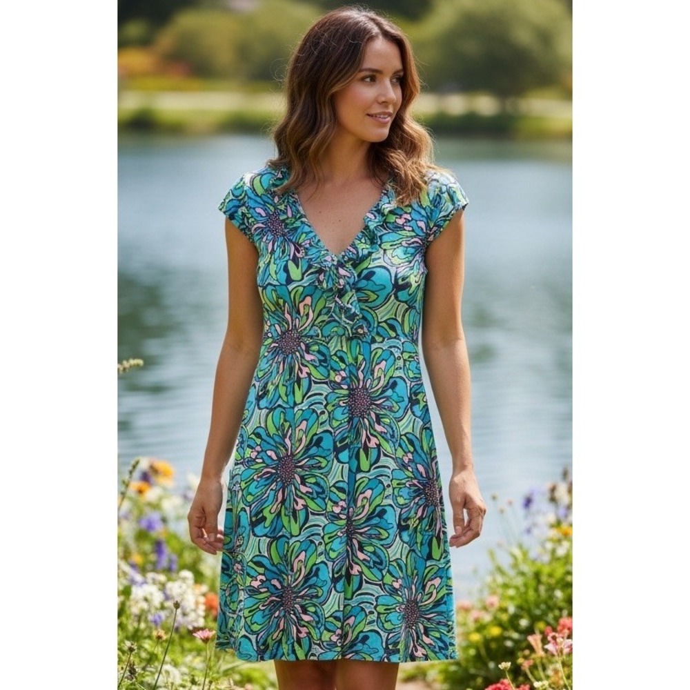 Lilly Pulitzer CLARE Blue Green Dress Rehearsal Size XS Silk Ruffled Stretch